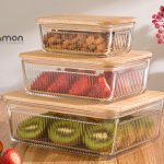 ست ظروف شیشه ای مستطیل شیاردار درب چوبی