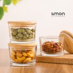 پک 3عددی ظرف شیشه ای گرد 190 میلی لیتر کادویی درب چوبی