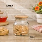 بانکه شیشه ای 800 میلی لیتر درب چوبی